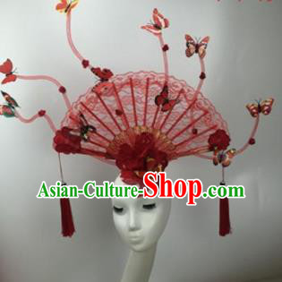 Chinese Traditional Catwalks Red Lace Butterfly Headdress Palace Exaggerated Hair Accessories for Women