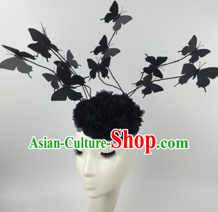 Top Grade Halloween Catwalks Headdress Brazilian Carnival Black Butterfly Hair Accessories for Women