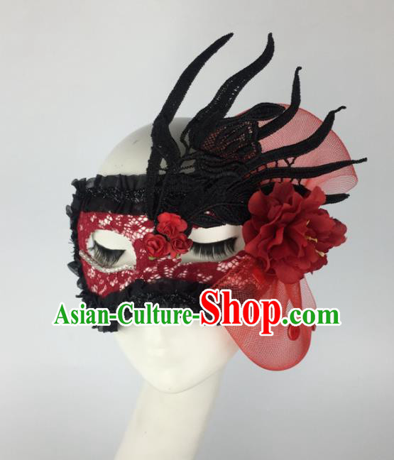Halloween Exaggerated Accessories Catwalks Red Lace Peony Masks for Women