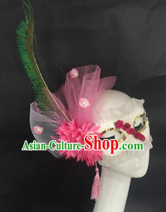 Halloween Exaggerated Accessories Catwalks Pink Veil Peony Masks for Women