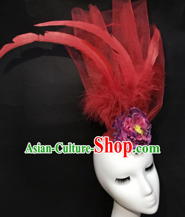 Top Grade Halloween Catwalks Headdress Brazilian Carnival Red Feather Top Hat for Women