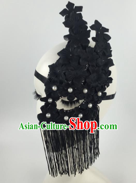 Halloween Exaggerated Accessories Catwalks Black Flowers Tassel Masks for Women