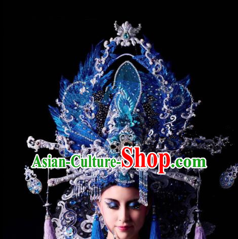 Chinese Traditional Ancient Bride Blue Headdress Palace Wedding Phoenix Coronet Hair Accessories for Women