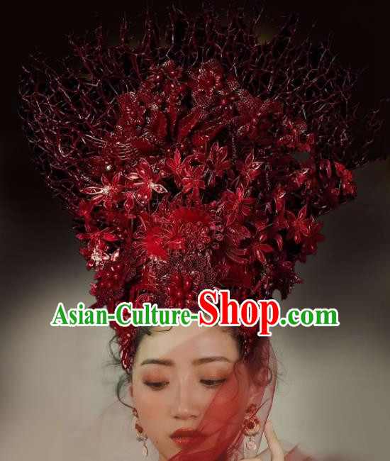 Top Grade Halloween Catwalks Hair Accessories Headdress Palace Red Leaf Hat for Women