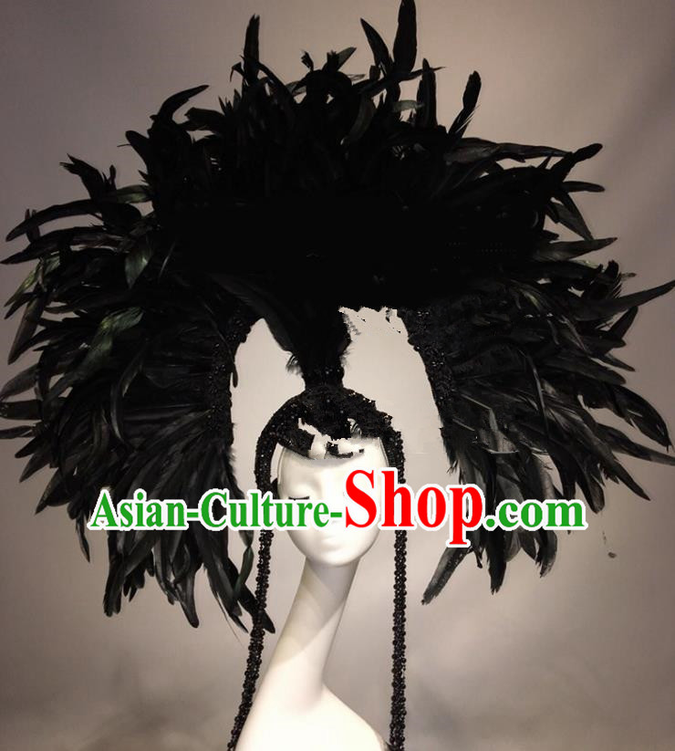 Top Grade Halloween Catwalks Hair Accessories Black Feather Headdress Baroque Hat for Women