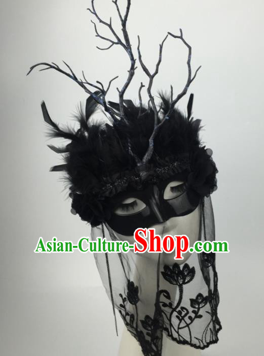 Halloween Exaggerated Accessories Catwalks Black Feather Masks for Women