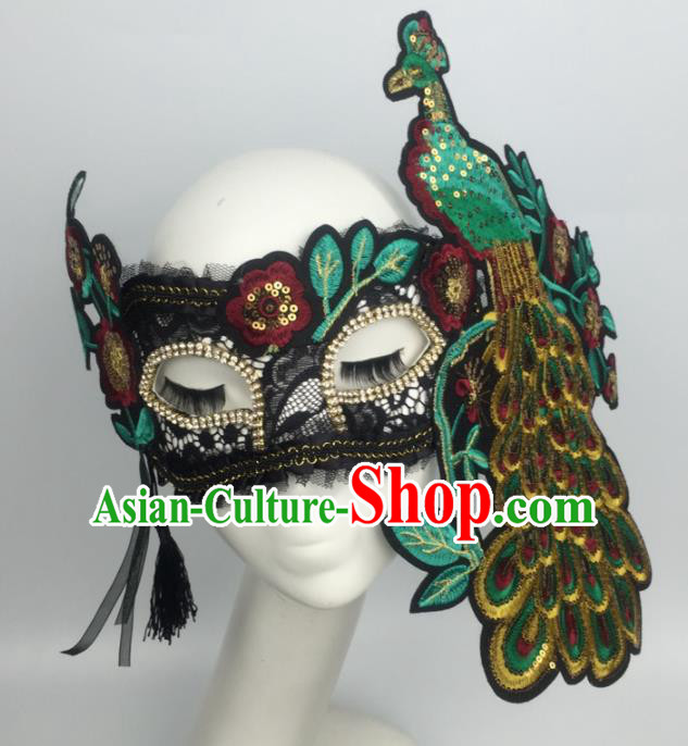 Halloween Exaggerated Accessories Catwalks Green Embroidered Peacock Masks for Women