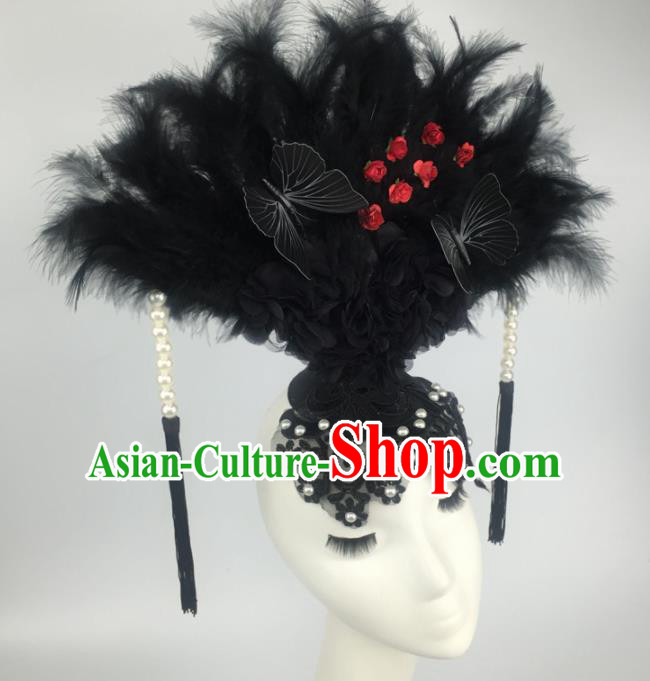 Top Grade Halloween Catwalks Hair Accessories Brazilian Carnival Black Feather Lace Headdress for Women