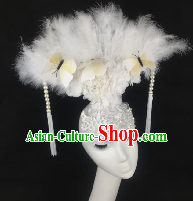 Top Grade Halloween Catwalks Hair Accessories Brazilian Carnival White Feather Lace Headdress for Women