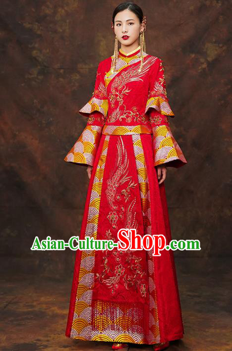 Chinese Traditional Wedding Red Costumes Ancient Bride Embroidered Xiuhe Suits for Women