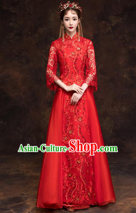 Chinese Traditional Wedding Red Costumes Ancient Bride Embroidered Lace Xiuhe Suits for Women