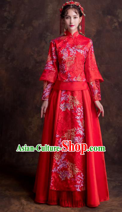 Chinese Traditional Wedding Costumes Ancient Bride Embroidered Dress Red Xiuhe Suits for Women