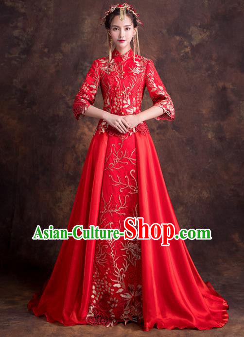 Chinese Traditional Wedding Dress Ancient Bride Embroidered Costumes Red Xiuhe Suits for Women