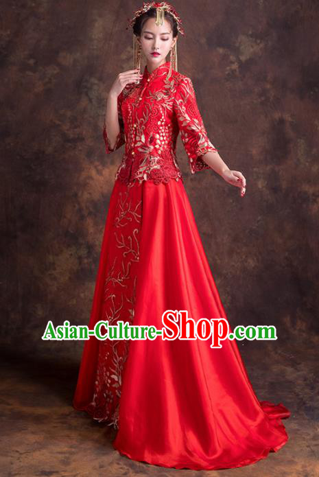 Chinese Traditional Wedding Dress Ancient Bride Embroidered Costumes Red Xiuhe Suits for Women