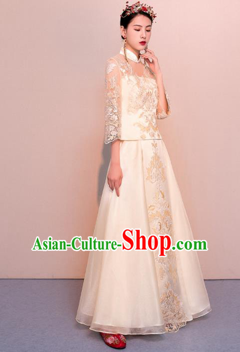 Chinese Traditional Wedding Dress Ancient Bride Embroidered Champagne Xiuhe Suits for Women