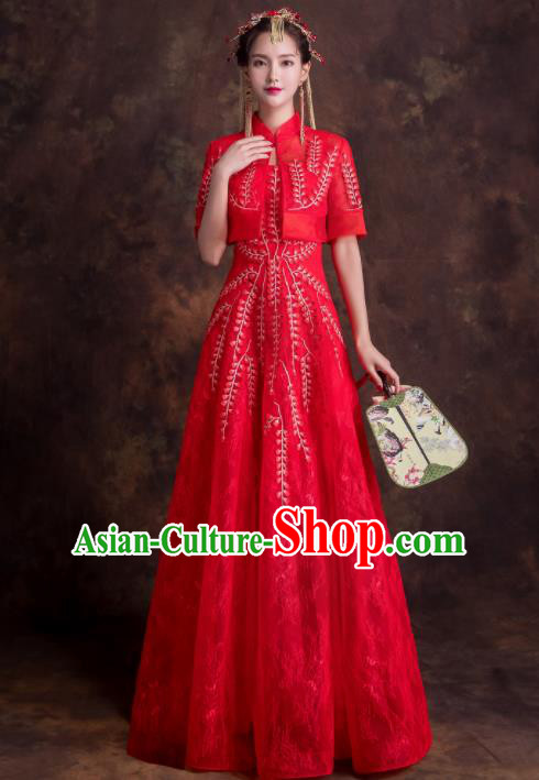 Chinese Traditional Bride Embroidered Xiuhe Suits Ancient Red Wedding Dress for Women