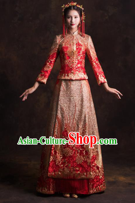 Chinese Traditional Golden Phoenix Xiuhe Suits Ancient Bride Embroidered Wedding Dress for Women