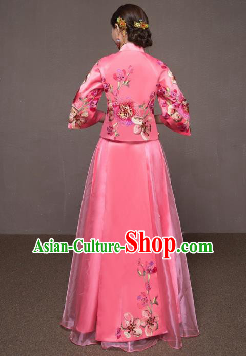 Chinese Traditional Embroidered Wedding Costumes Pink Xiuhe Suits Ancient Bride Dress for Women