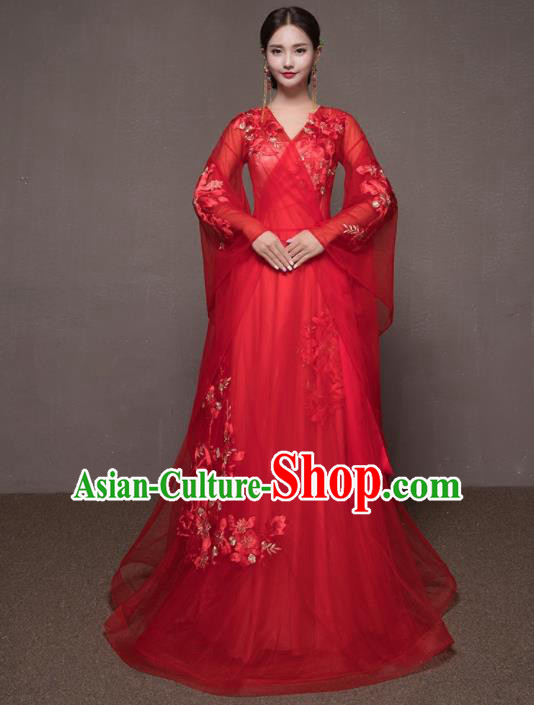 Chinese Traditional Embroidered Wedding Costumes Ancient Bride Red Veil Dress for Women