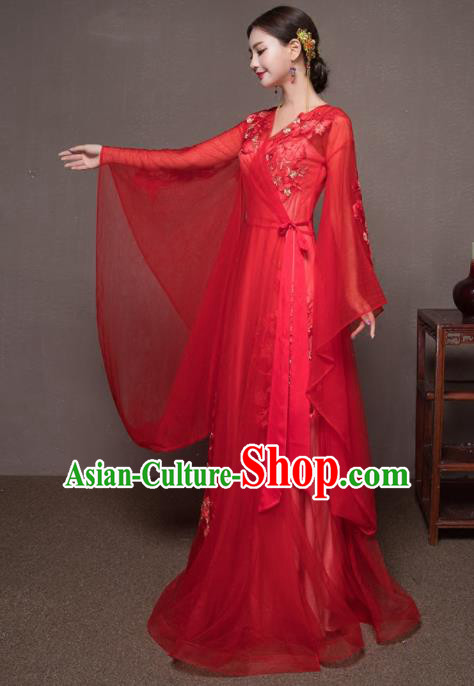 Chinese Traditional Embroidered Wedding Costumes Ancient Bride Red Veil Dress for Women