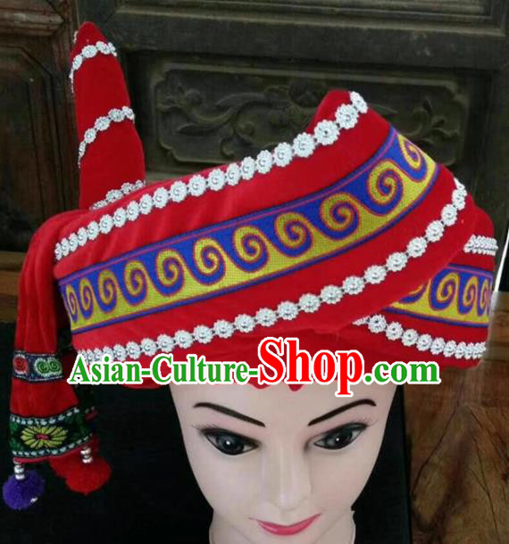 Chinese Traditional National Hat Ethnic Yi Nationality Red Hat for Men