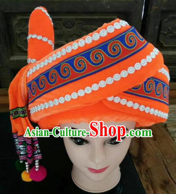 Chinese Traditional National Hat Ethnic Yi Nationality Orange Hat for Men