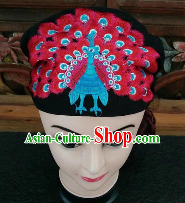 Chinese Traditional National Hat Ethnic Yi Nationality Embroidered Red Peacock Kerchief for Women