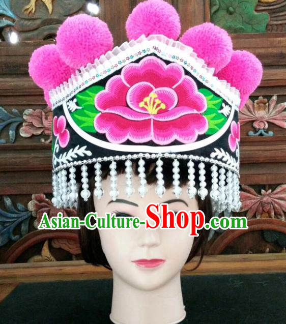 Chinese Traditional National Hat Ethnic Yi Nationality Embroidered Peony Black Hat for Women
