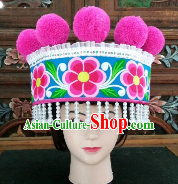 Chinese Traditional National Hat Ethnic Yi Nationality Embroidered Flowers Blue Hat for Women