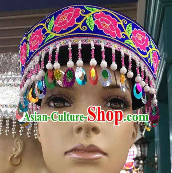 Chinese Traditional National Hat Ethnic Yi Nationality Embroidered Peony Blue Hat for Women
