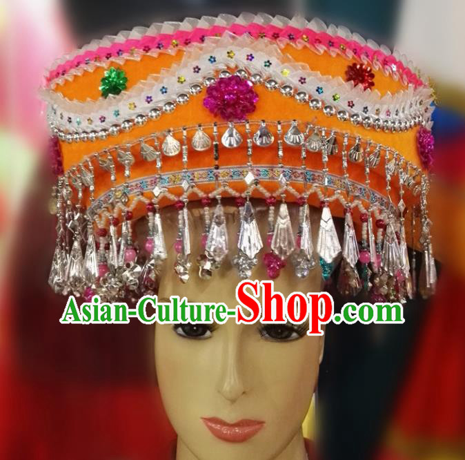 Chinese Traditional National Hat Ethnic Miao Nationality Orange Hat for Women