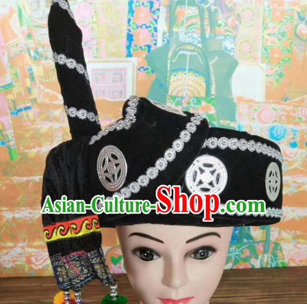 Chinese Traditional National Black Hat Ethnic Yi Nationality Hat for Men