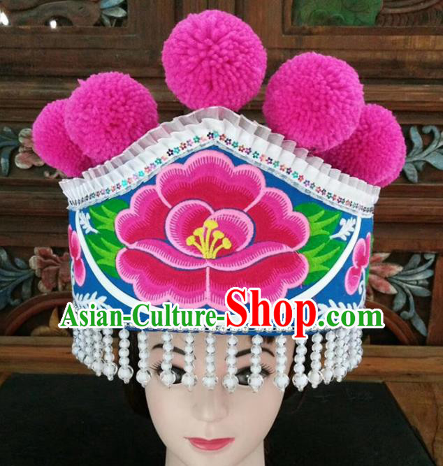 Chinese Traditional National Hat Ethnic Yi Nationality Embroidered Peony Blue Hat for Women