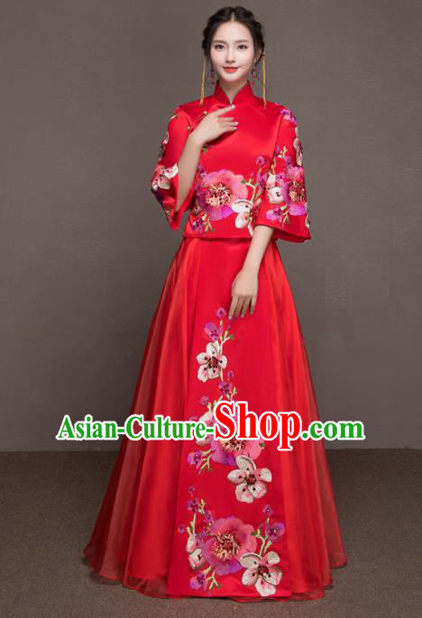 Chinese Traditional Embroidered Peach Blossom Wedding Costumes Ancient Bride Red Dress for Women