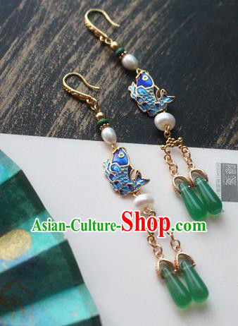 Asian Chinese Traditional Ear Accessories Ancient Hanfu Blueing Fish Earrings for Women