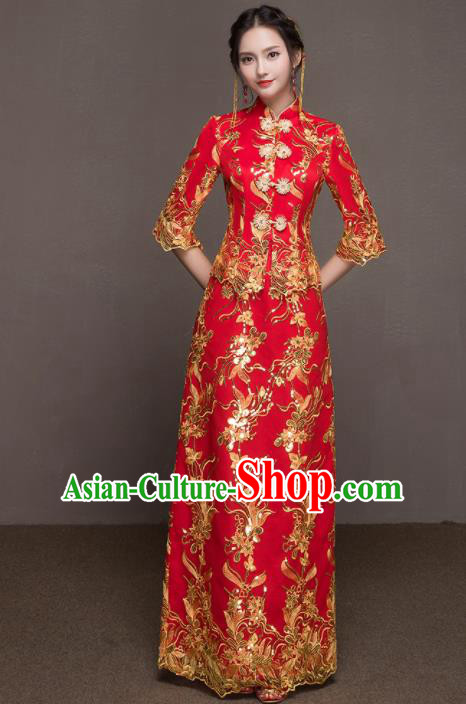 Chinese Traditional Wedding Costumes Ancient Bride Embroidered Red Dress for Women