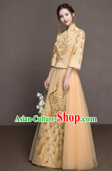 Chinese Traditional Wedding Costumes Ancient Bride Embroidered Peacock Yellow Dress for Women