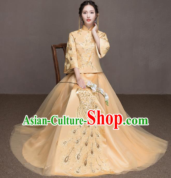 Chinese Traditional Wedding Costumes Ancient Bride Embroidered Peacock Yellow Dress for Women