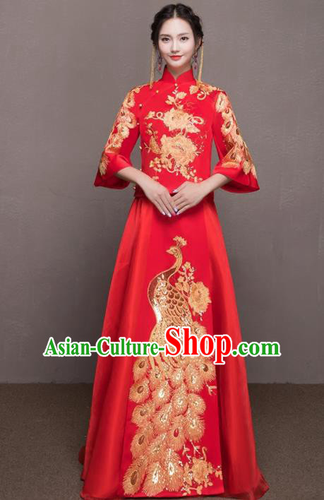 Chinese Traditional Wedding Costumes Ancient Bride Embroidered Peacock Red Xiuhe Suits for Women