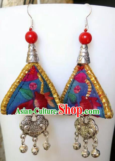 Chinese Traditional National Ear Accessories Ethnic Embroidered Blue Earrings for Women