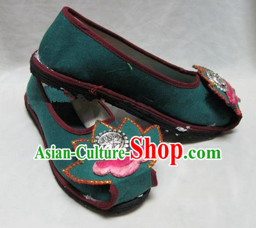 Asian Chinese Traditional Hanfu Shoes Green Lotus Canvas Shoes Embroidered Shoes for Women