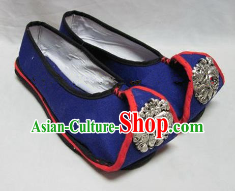 Asian Chinese Traditional Hanfu Shoes Ethnic Blue Embroidered Shoes for Women