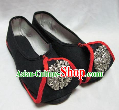 Asian Chinese Traditional Hanfu Shoes Ethnic Black Embroidered Shoes for Women