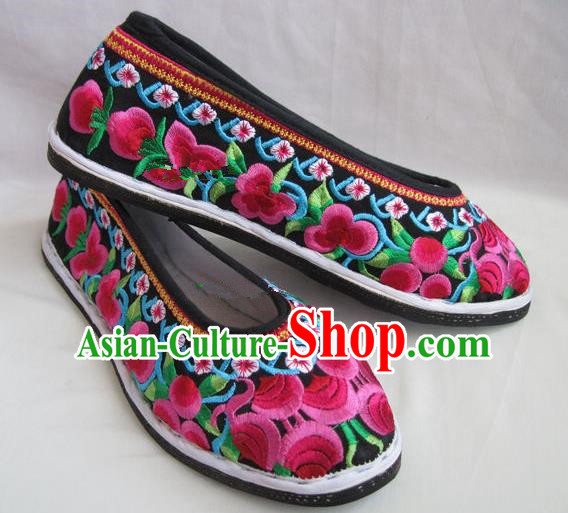 Asian Chinese Traditional Hanfu Shoes Ethnic Black Embroidered Shoes for Women
