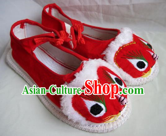 Asian Chinese Traditional Hanfu Shoes Ethnic Red Cloth Tiger Head Shoes for Women