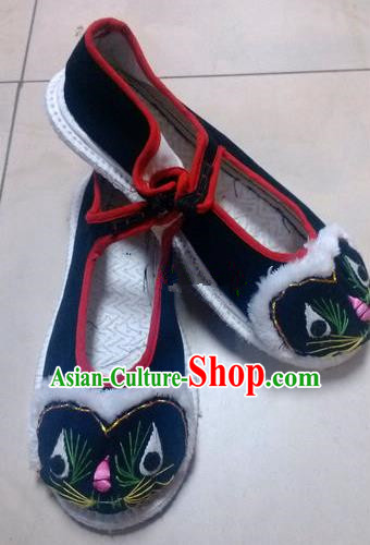 Asian Chinese Traditional Hanfu Shoes Ethnic Black Cloth Tiger Head Shoes for Women