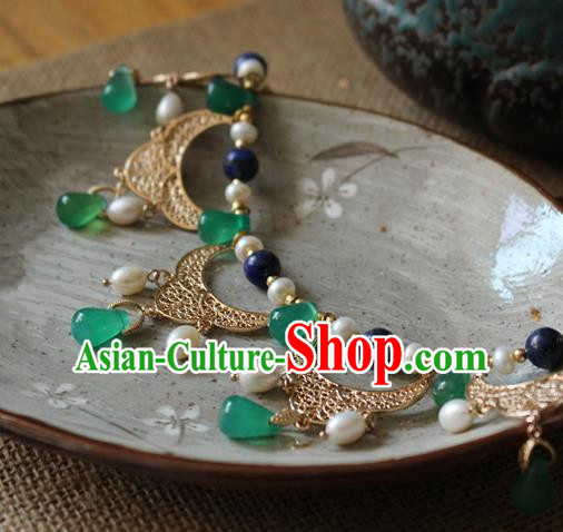 Asian Chinese Traditional Jewelry Accessories Ancient Hanfu Green Beads Necklace for Women