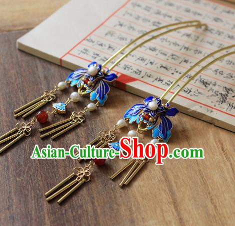 Asian Chinese Traditional Hanfu Cloisonne Tassel Hair Clip Ancient Palace Hairpins for Women