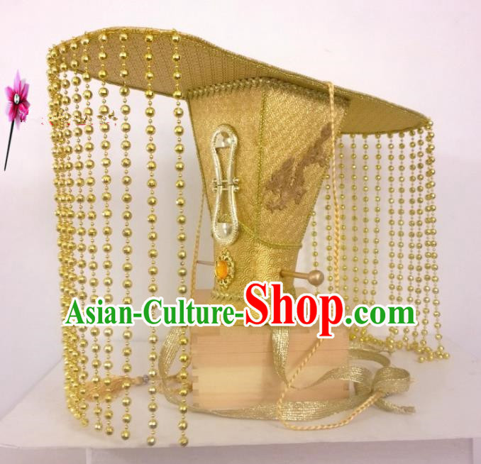 Chinese Traditional Hanfu Headdress Ancient Qin Dynasty Emperor Tuinga Golden Hat for Men