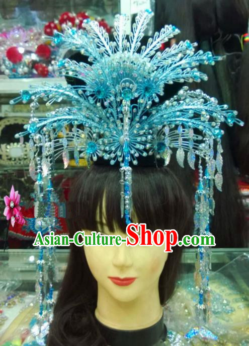 Chinese Classical Hair Accessories Traditional Ancient Beijing Opera Blue Phoenix Coronet for Women